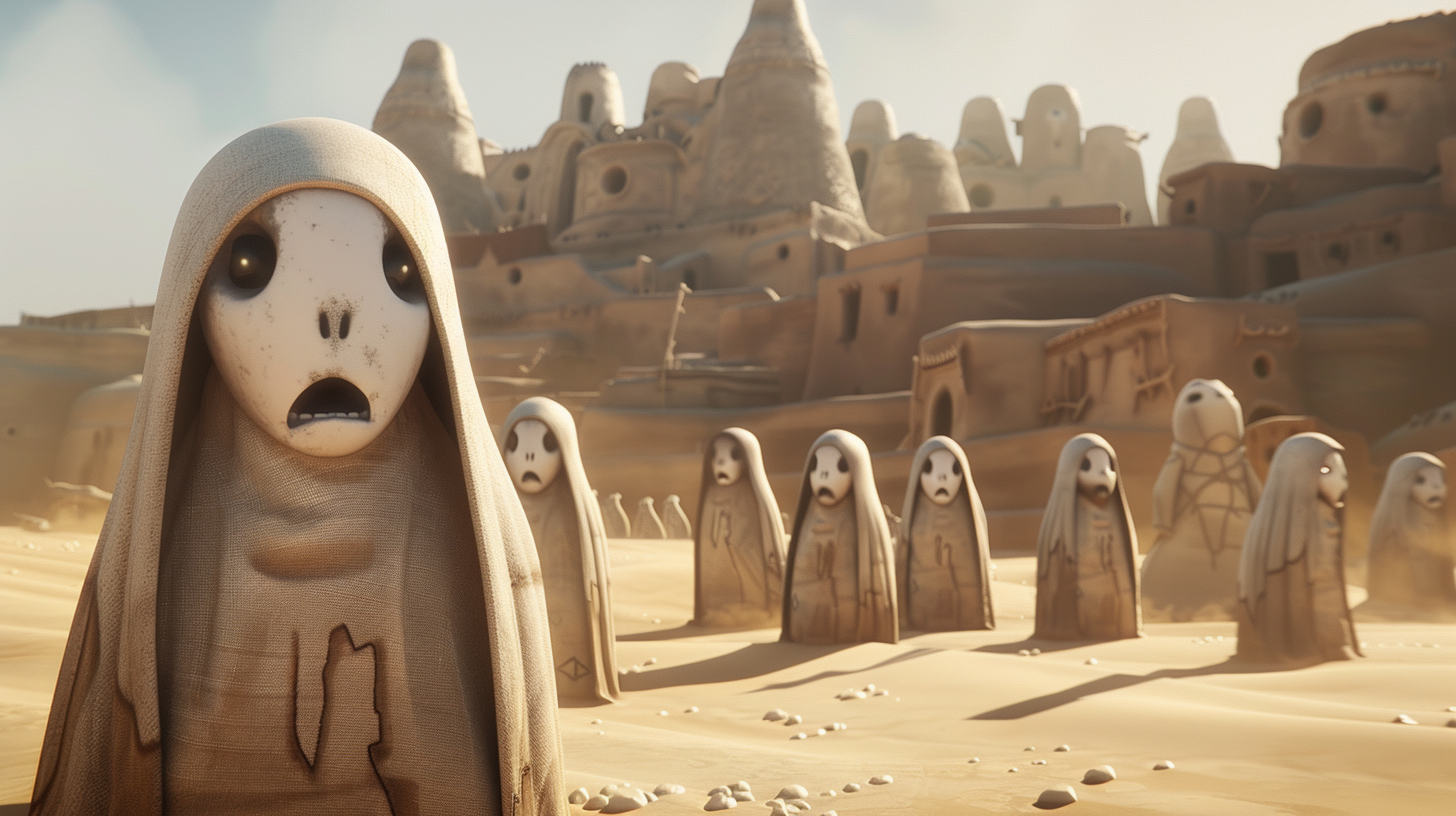 Lost characters in desert village ruins, Pixar-style setting