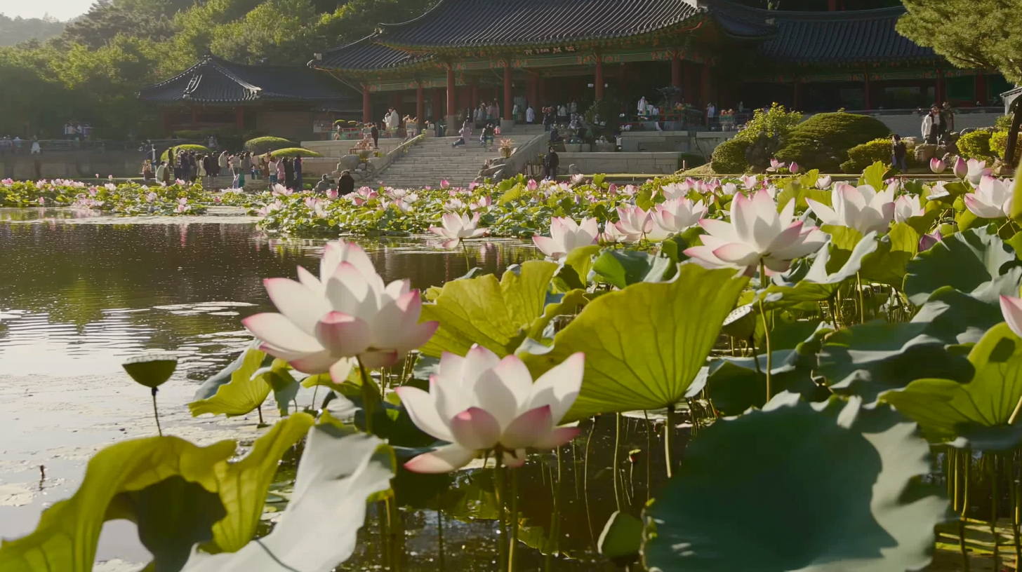 Lotus pond with Korean temple in background.