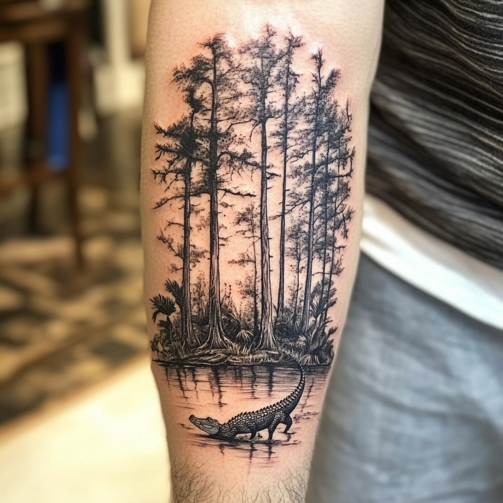 Louisiana swamp design tattoo: gator, cypress trees on forearm.