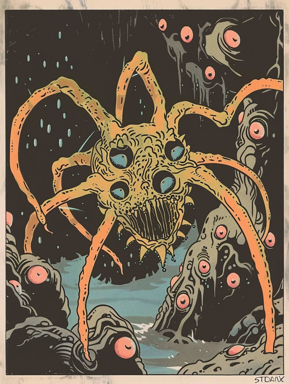 Lovecraftian Creature Trading Card in Psychedelic Cave