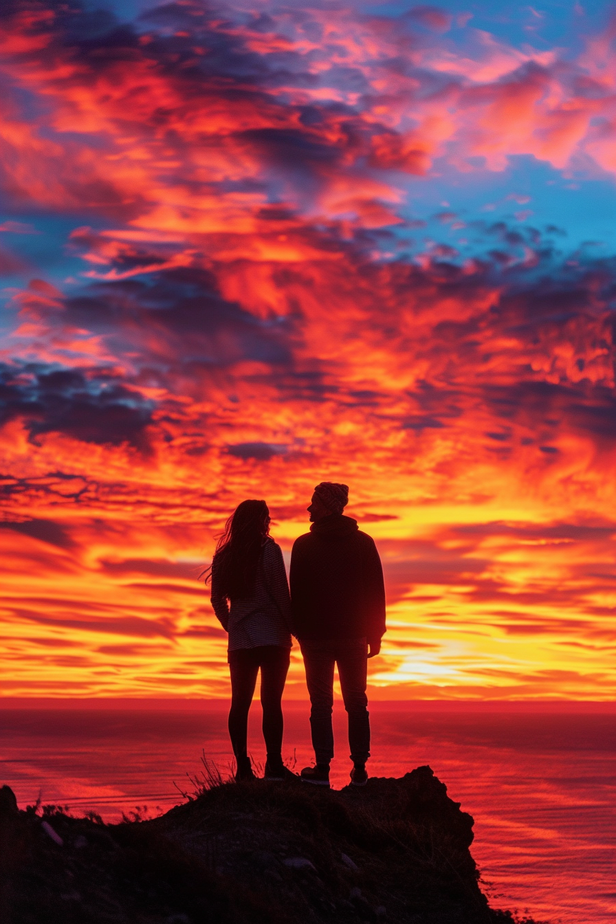 Lovers face sunset after tough conversation on hill.