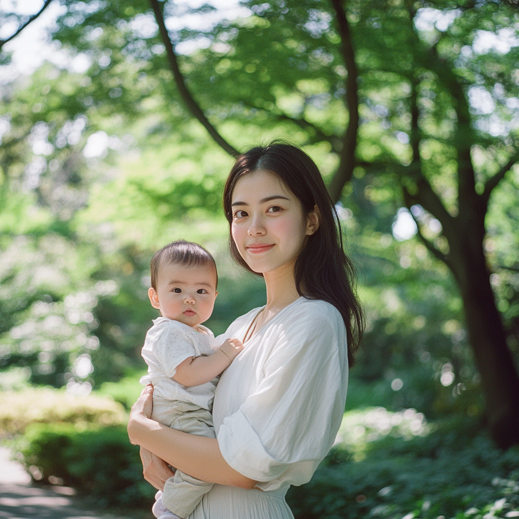 Loving Japanese Mother and Baby in Sunny Park