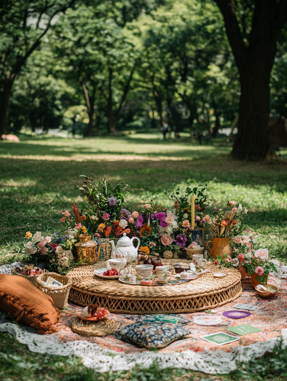 Low altar with flowers and decorations, 90s Japanese style.