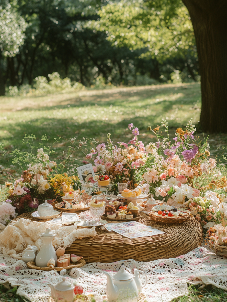 Low altar with wicker table, spring flowers, Japanese style.