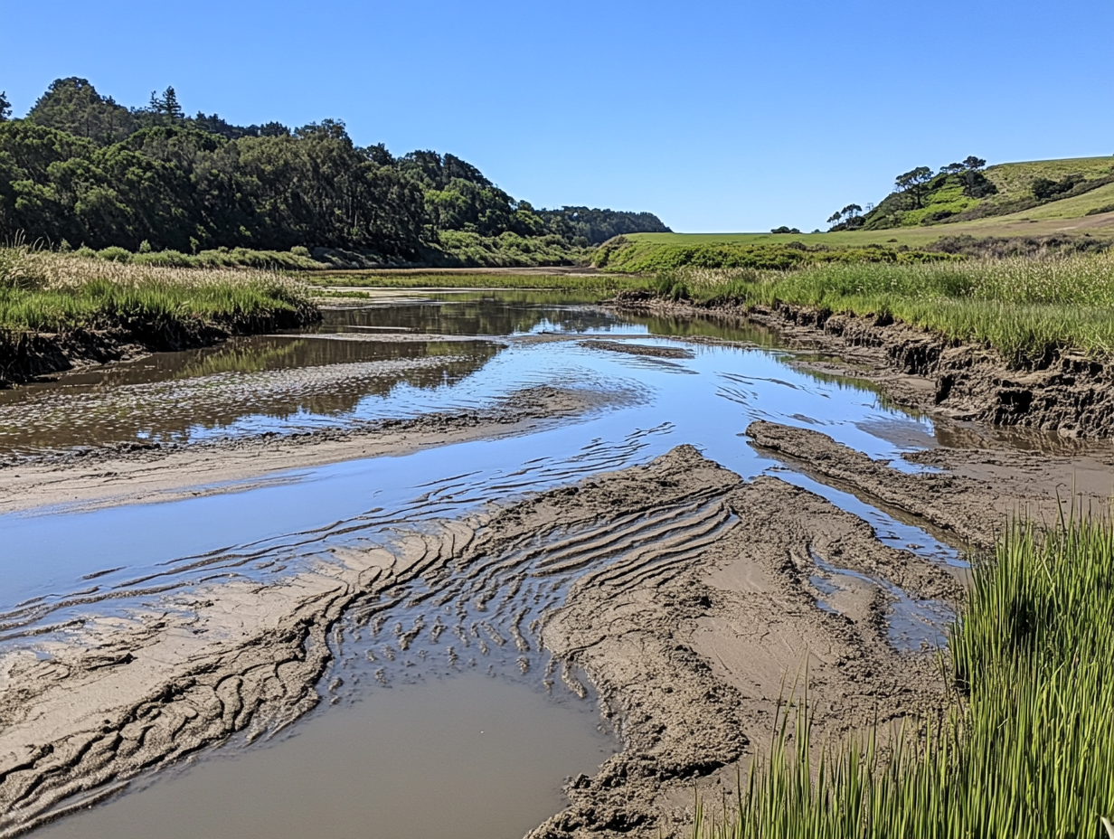 Low angle photo of California salt marshes near Delong Beach.