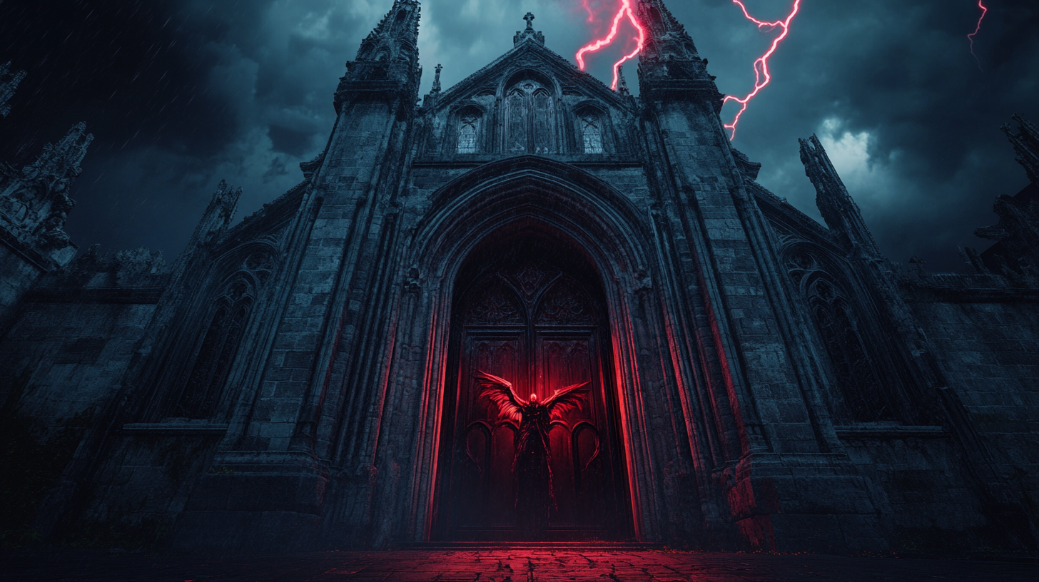 Low angle shot depicting satanic church entrance with manuelino touches, dark sky, and huge demon in front.