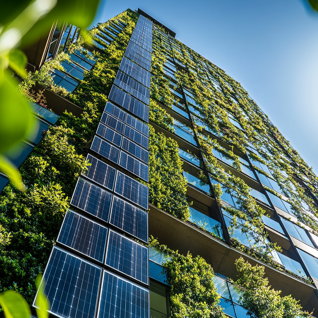 Low angle wide shot of modern eco-friendly architecture with solar panels, gardens, energy-efficient windows, sustainability, harmony with nature.