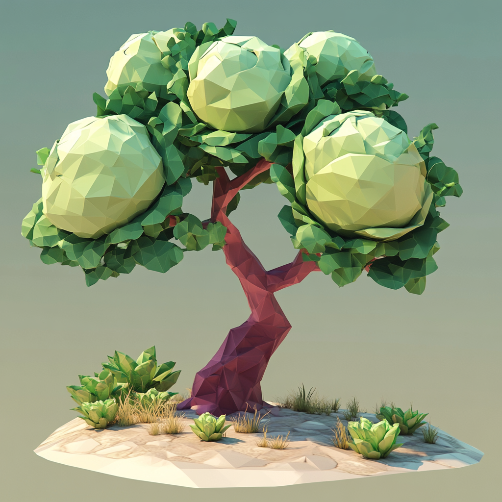 Low poly tree with big cabbages in game. Simple, geometric shapes with focus on lighting.