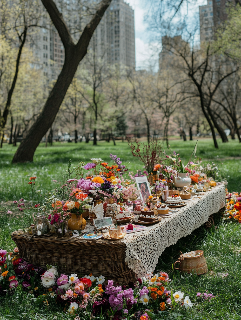 Low wicker altar with spring flowers, nostalgic 90s vibe.