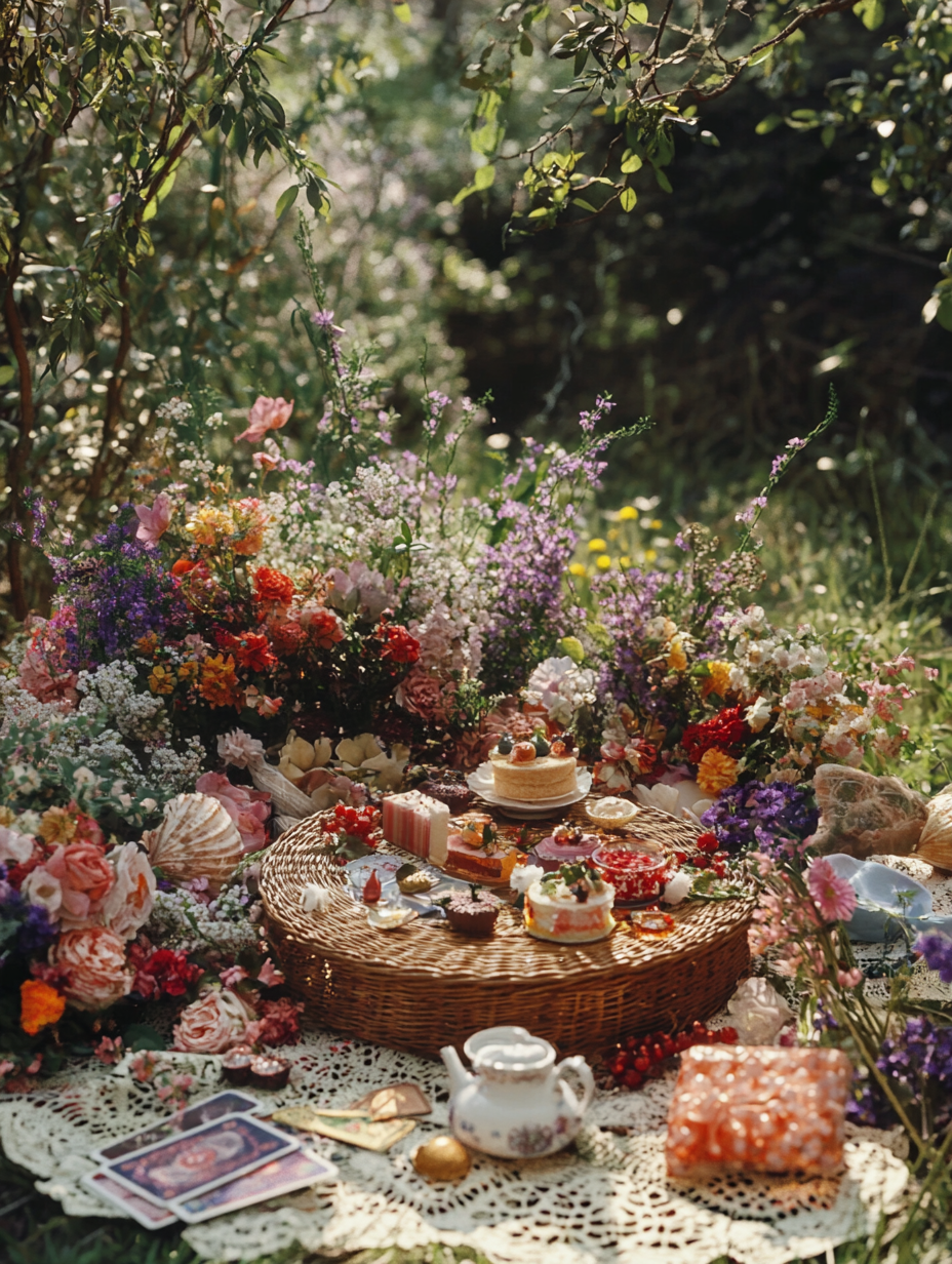 Low wicker altar with spring flowers in Japan park.