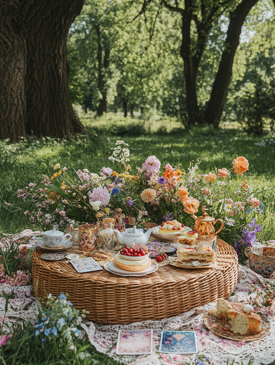 Low wicker altar with spring flowers in park picnic.