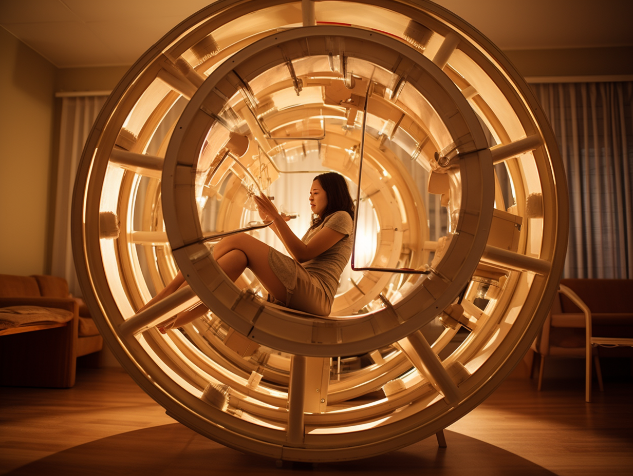 Woman Struggling on Giant Hamster Wheel