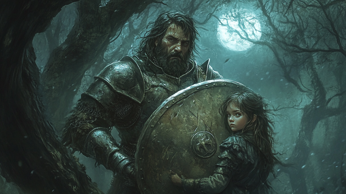 Loyal Knight Protecting Daughter in Eerie Forest