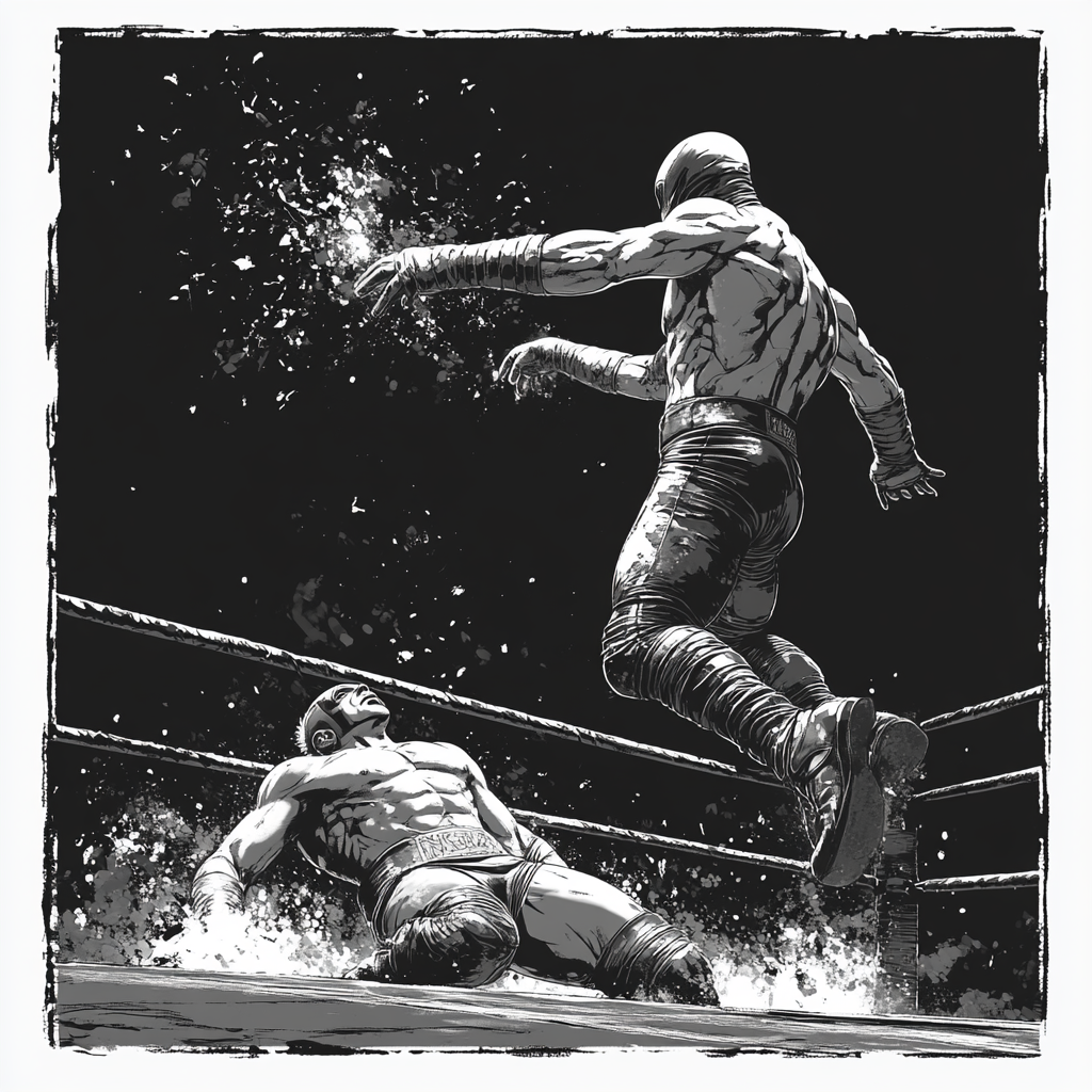 Lucha Libre wrestlers in mid-air flip, sketch artwork.