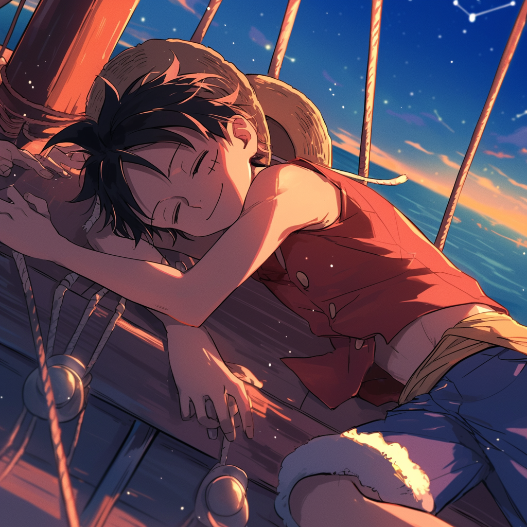 Luffy Sleeping Peacefully on Thousand Sunny Boat at Night