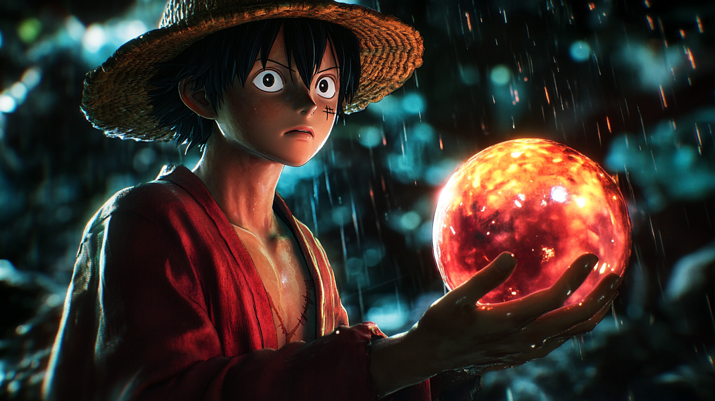 Luffy in pokeball, cinematic lighting, hyper realistic photography