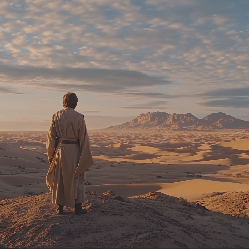 Luke Skywalker gazes at dual suns on Tatooine