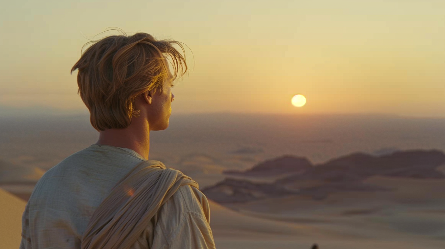 Luke in beige tunic gazes at twin suns.