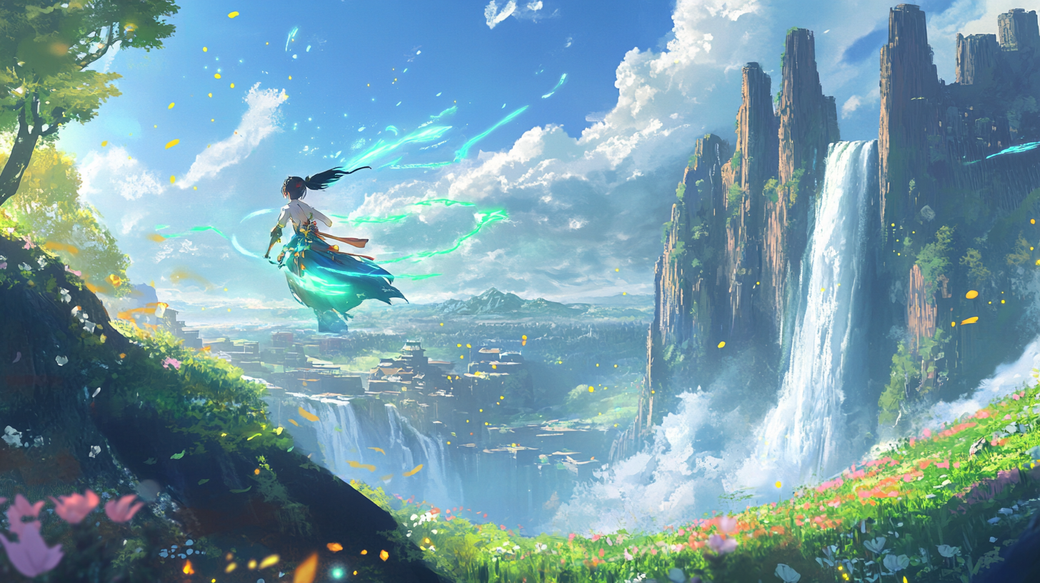 Lumine unleashes ultimatum power against colorful landscape.