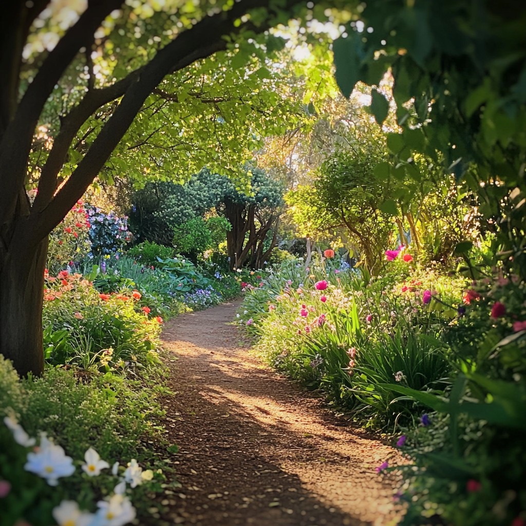 Lush Garden Path with Colorful Flowers in Soft Light