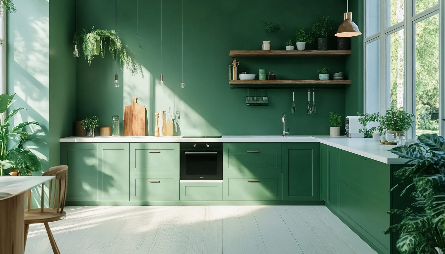 Lush Green Kitchen Cabinets in Modern Airy Space