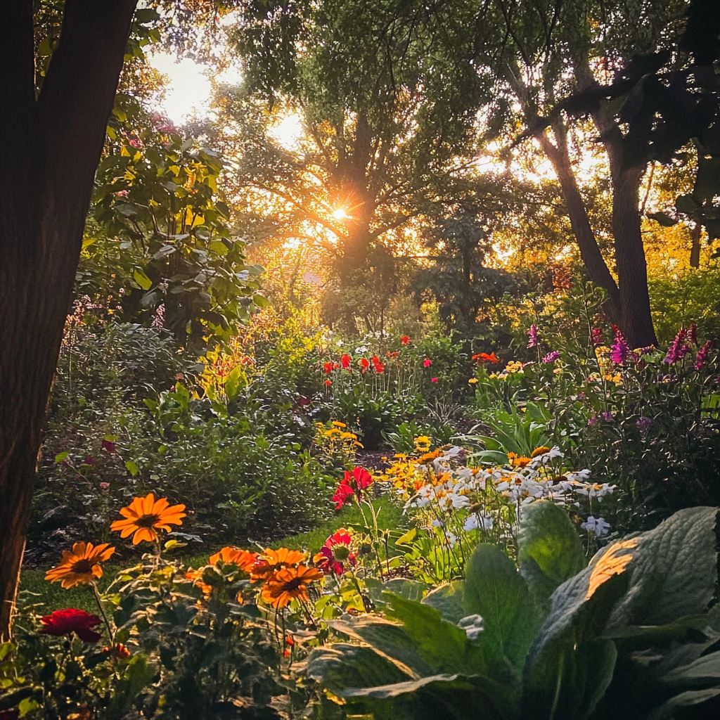 Lush evening garden with colorful flowers and golden light.