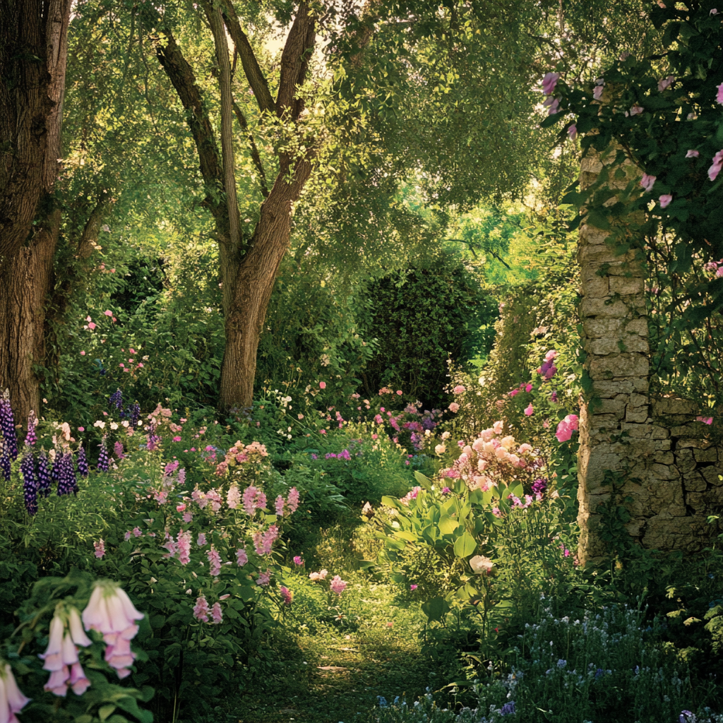 Lush garden with tall trees, blooming flowers, soft light.