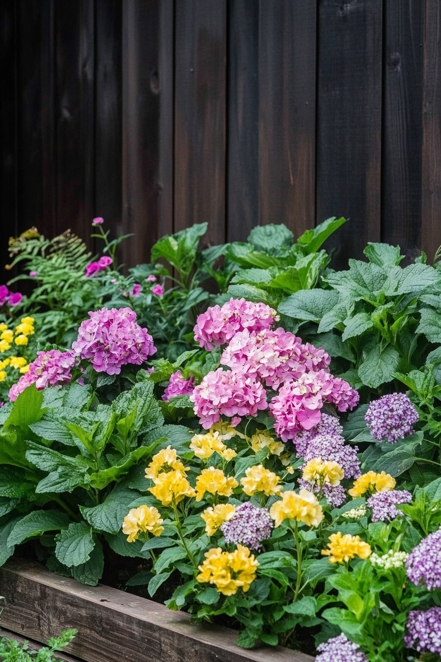 Lush garden with variety of colorful flowers and plants.