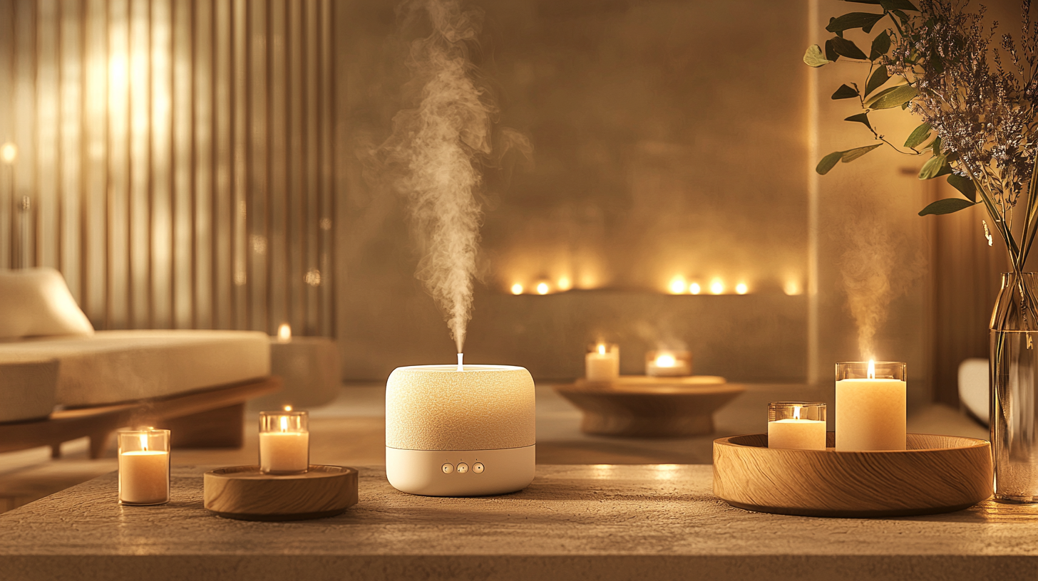 Luxurious, calming atmosphere with elegant fragrance diffusers and candles.