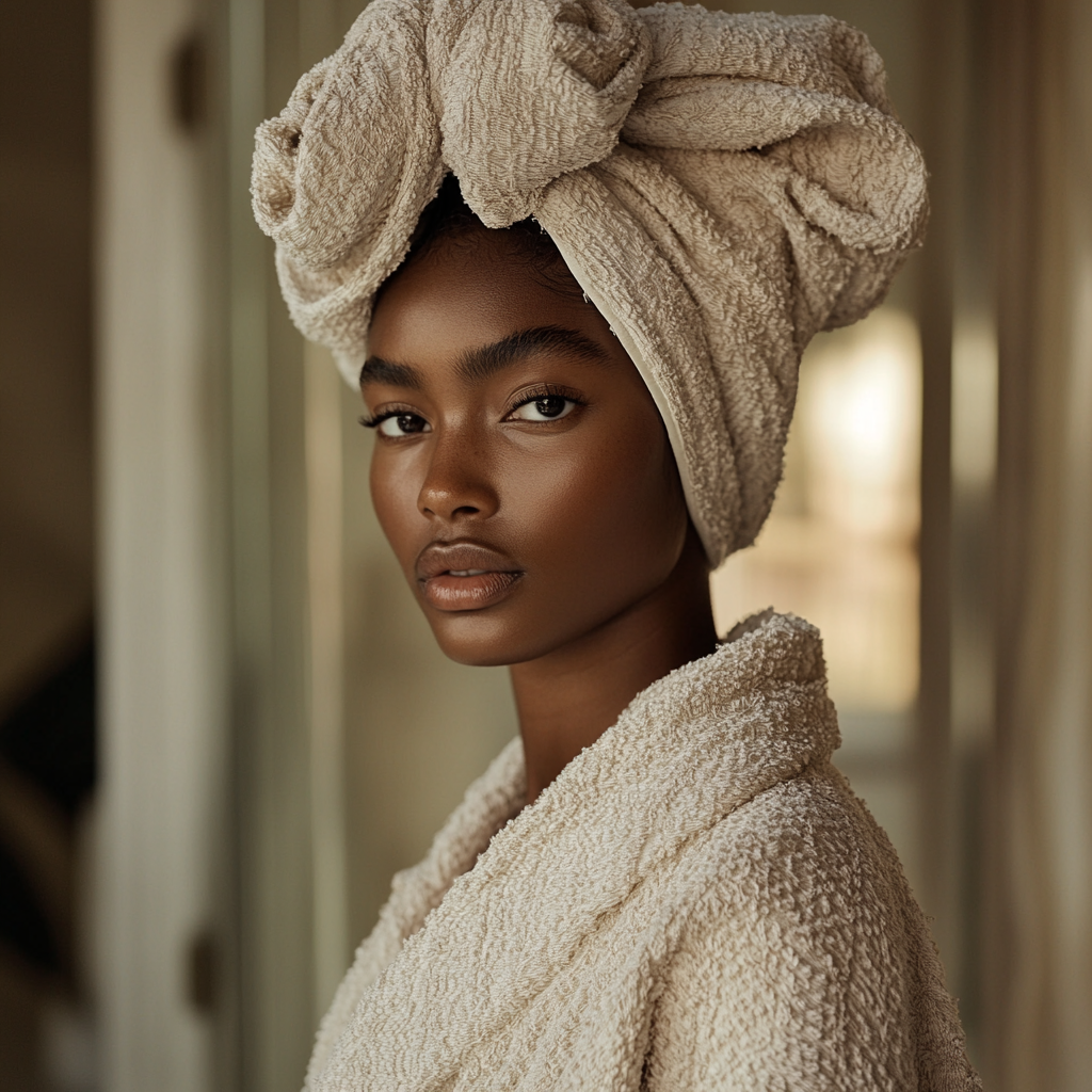 Luxurious Bathrobe Fashion Model in Softly Lit Bathroom