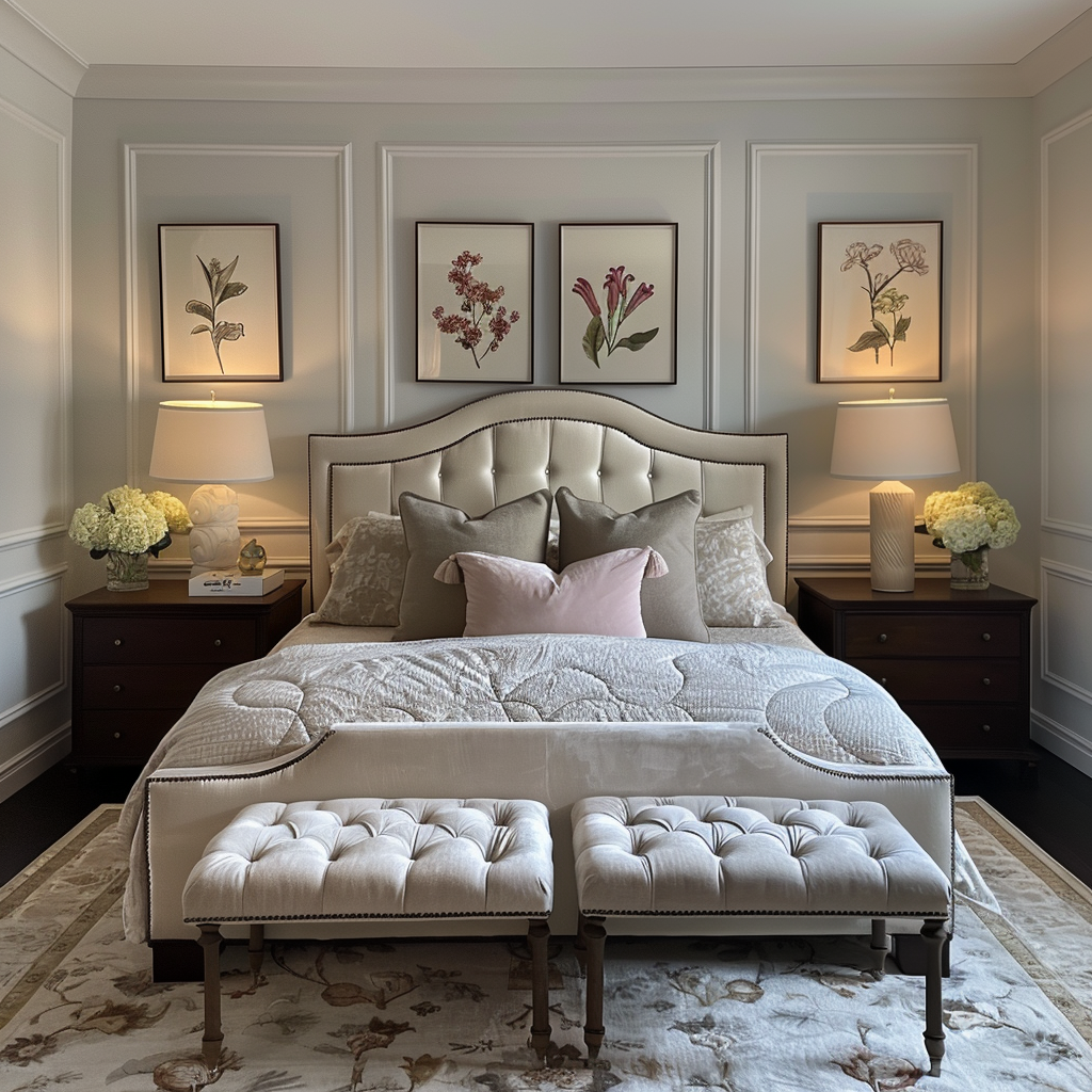 Luxurious Bedroom Serene Elegant Design Cream Upholstered Bed