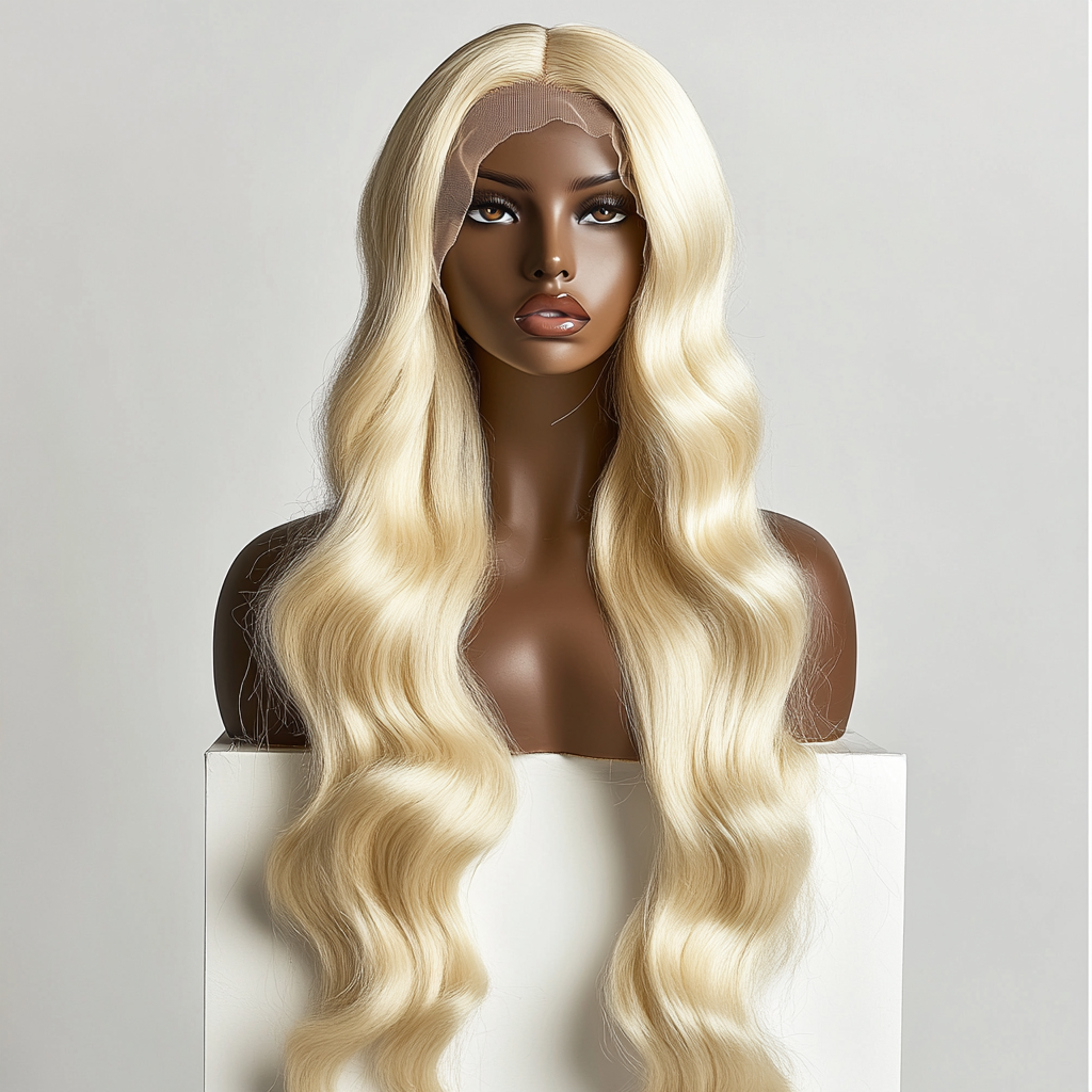 Luxurious Brazilian body wave blonde lace front wig.