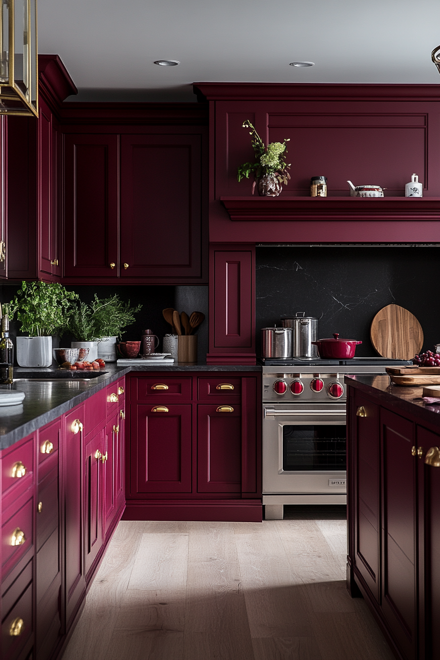 Luxurious Burgundy Bliss Kitchen with Elegant Gold Fixtures