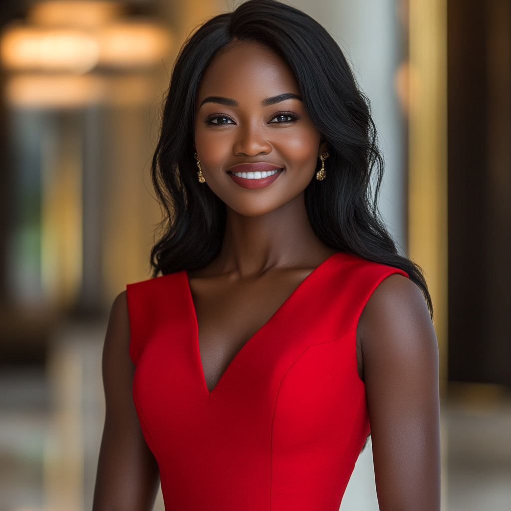 Luxurious CEO in red dress, confident and happy.