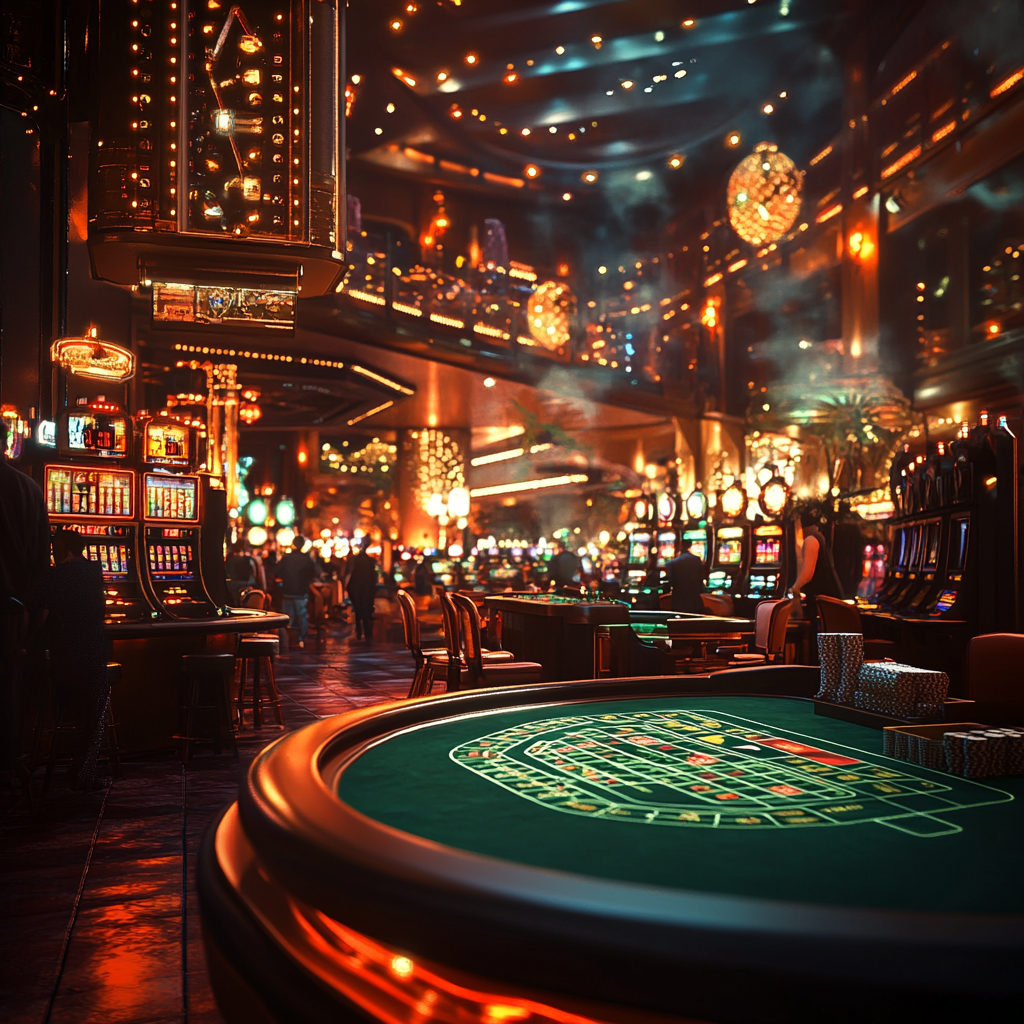 Luxurious Casino Setting with Vibrant Lights and Slot Machines