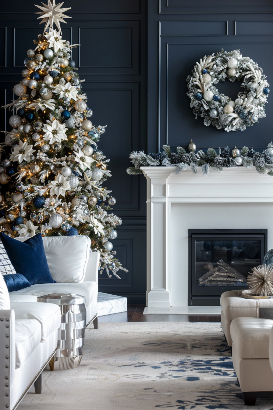 Luxurious Christmas-themed living room with navy wall.