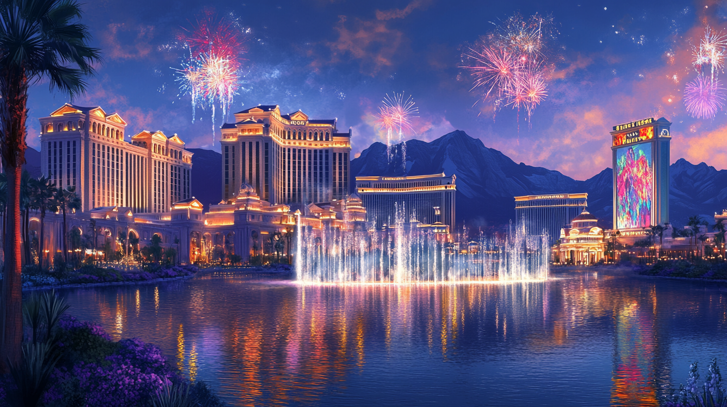 Luxurious Cityscape with Five Casinos and Fireworks