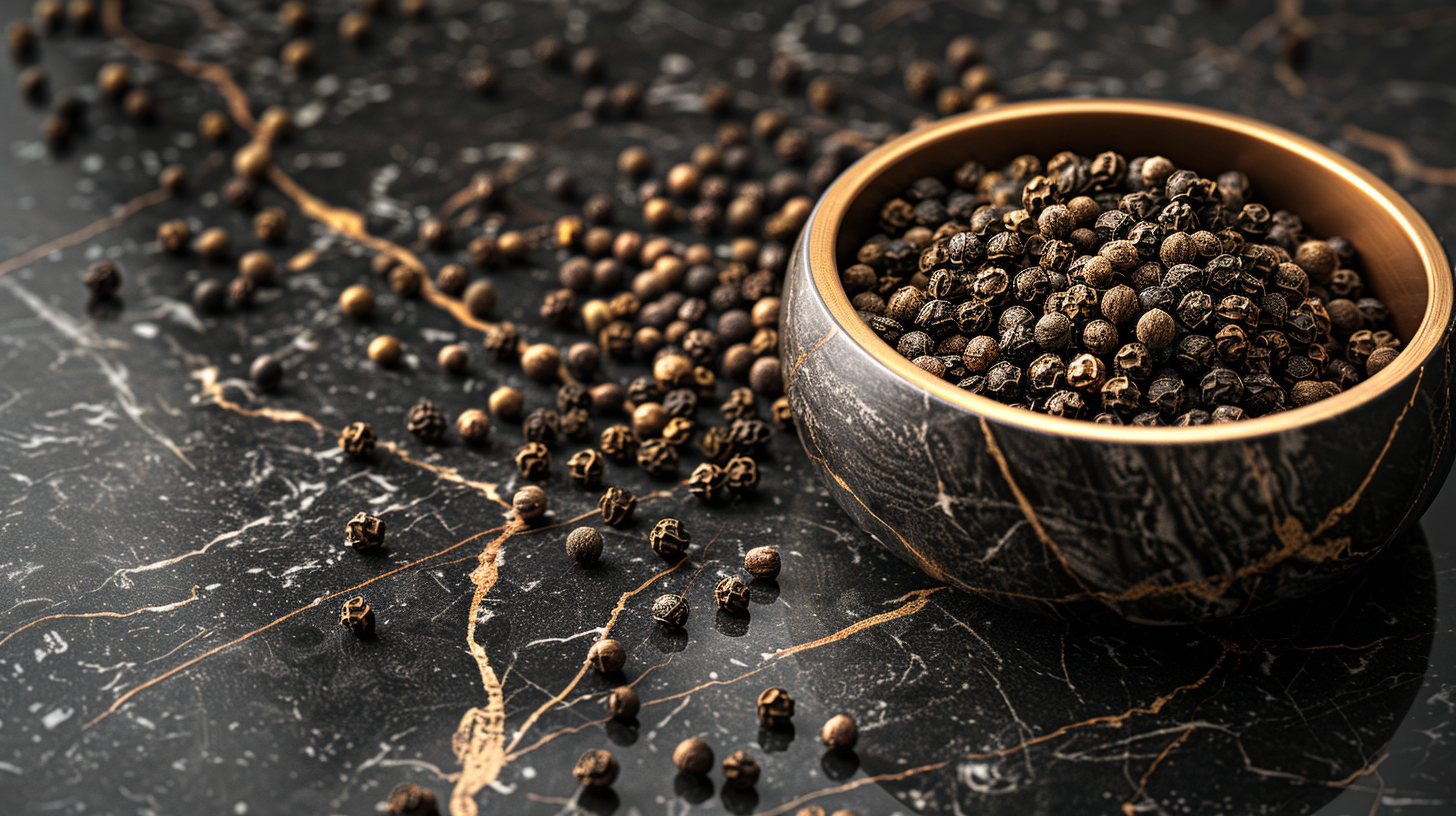 Luxurious Display of Kampot Peppercorns on Marble