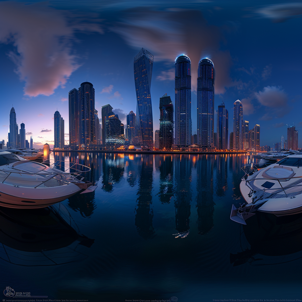 Luxurious Dubai skyline at twilight with glowing lights