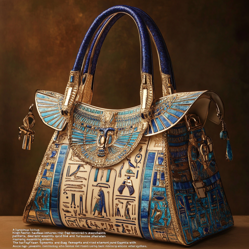 Luxurious Egyptian-inspired handbag with golden patterns and jewels.