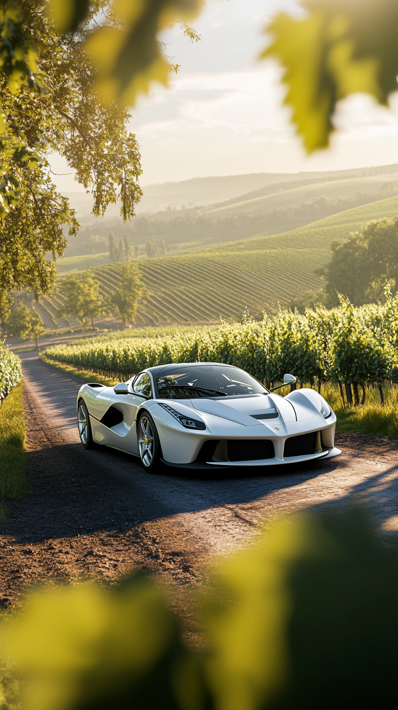 Luxurious Ferrari in vineyard at golden hour.