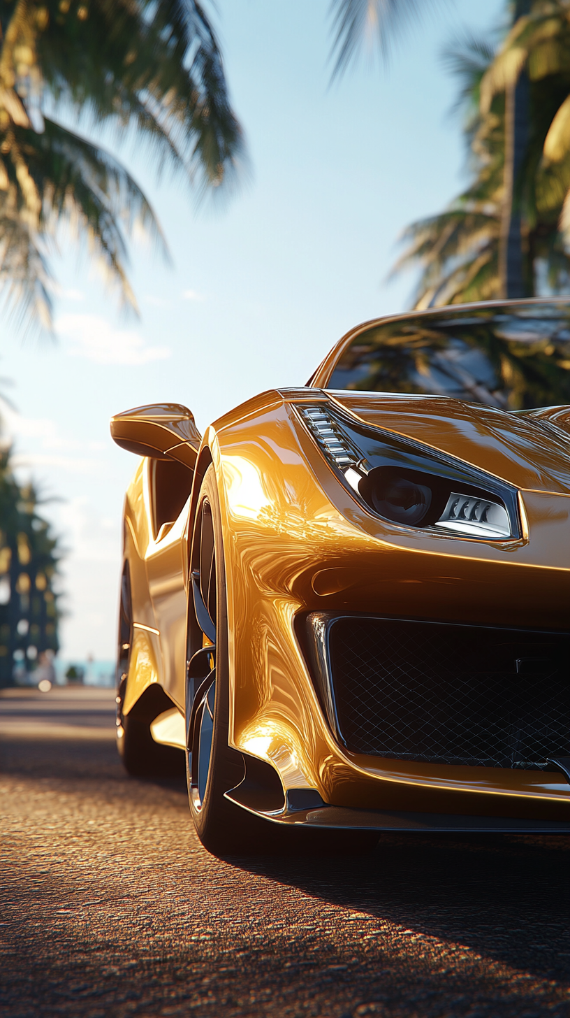 Luxurious Gold Ferrari at Lavish Resort: Photorealistic Image