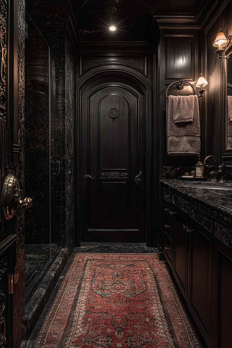 Luxurious Gothic bathroom with black marble and silver fixtures.