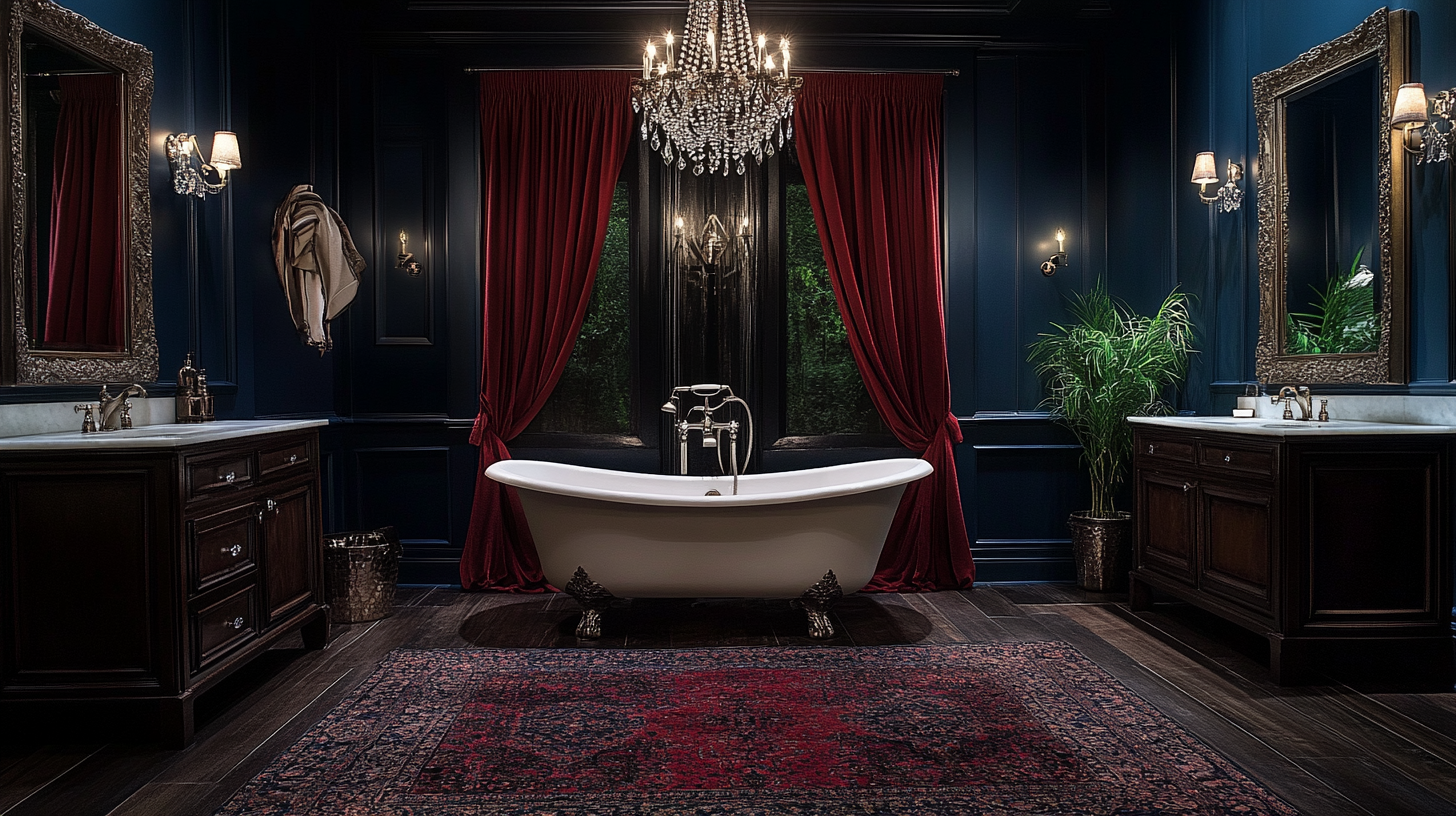 Luxurious Gothic bathroom with velvet drapes, crystal fixtures.