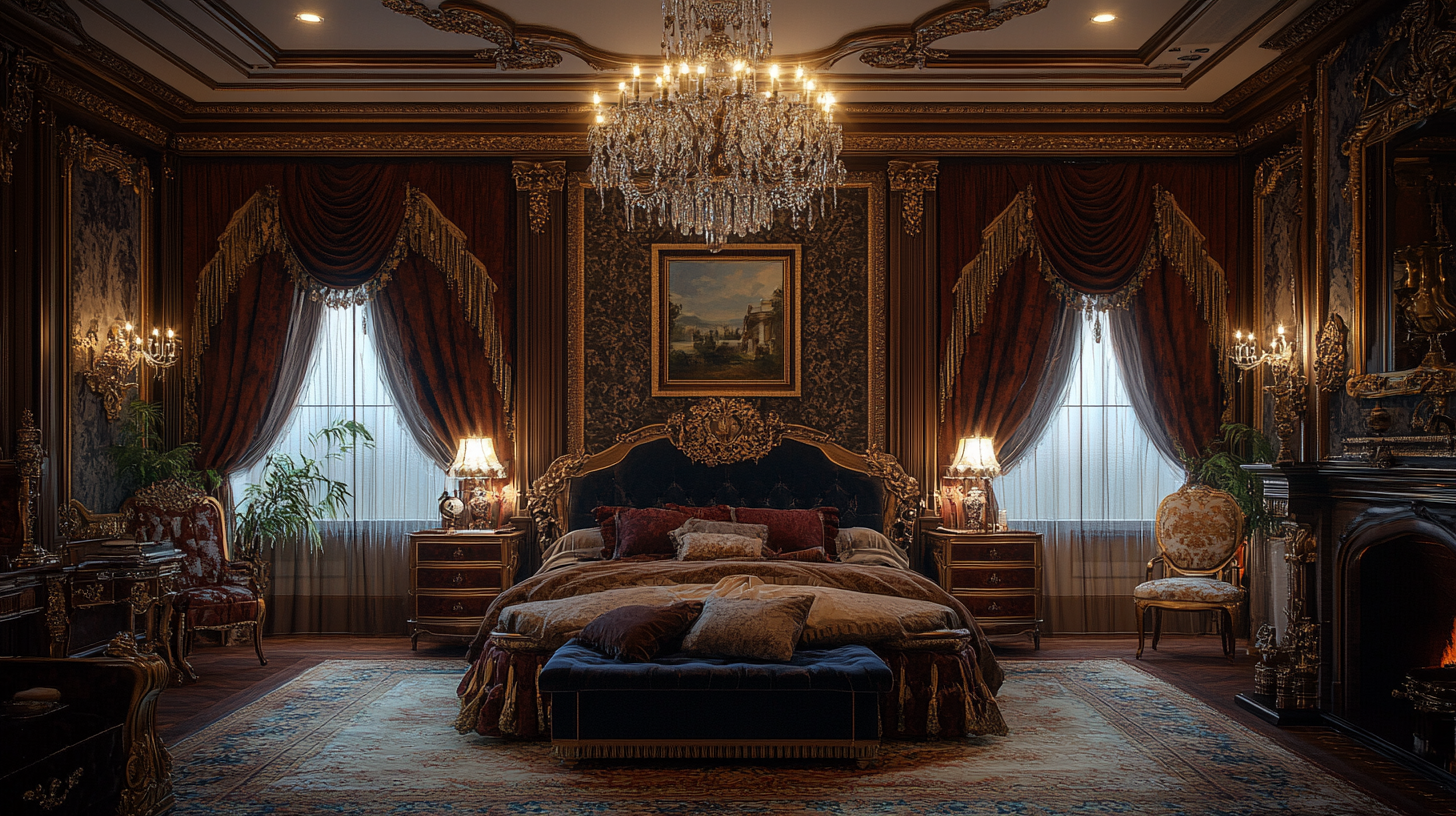 Luxurious Gothic bedroom with elegant furniture and decor.