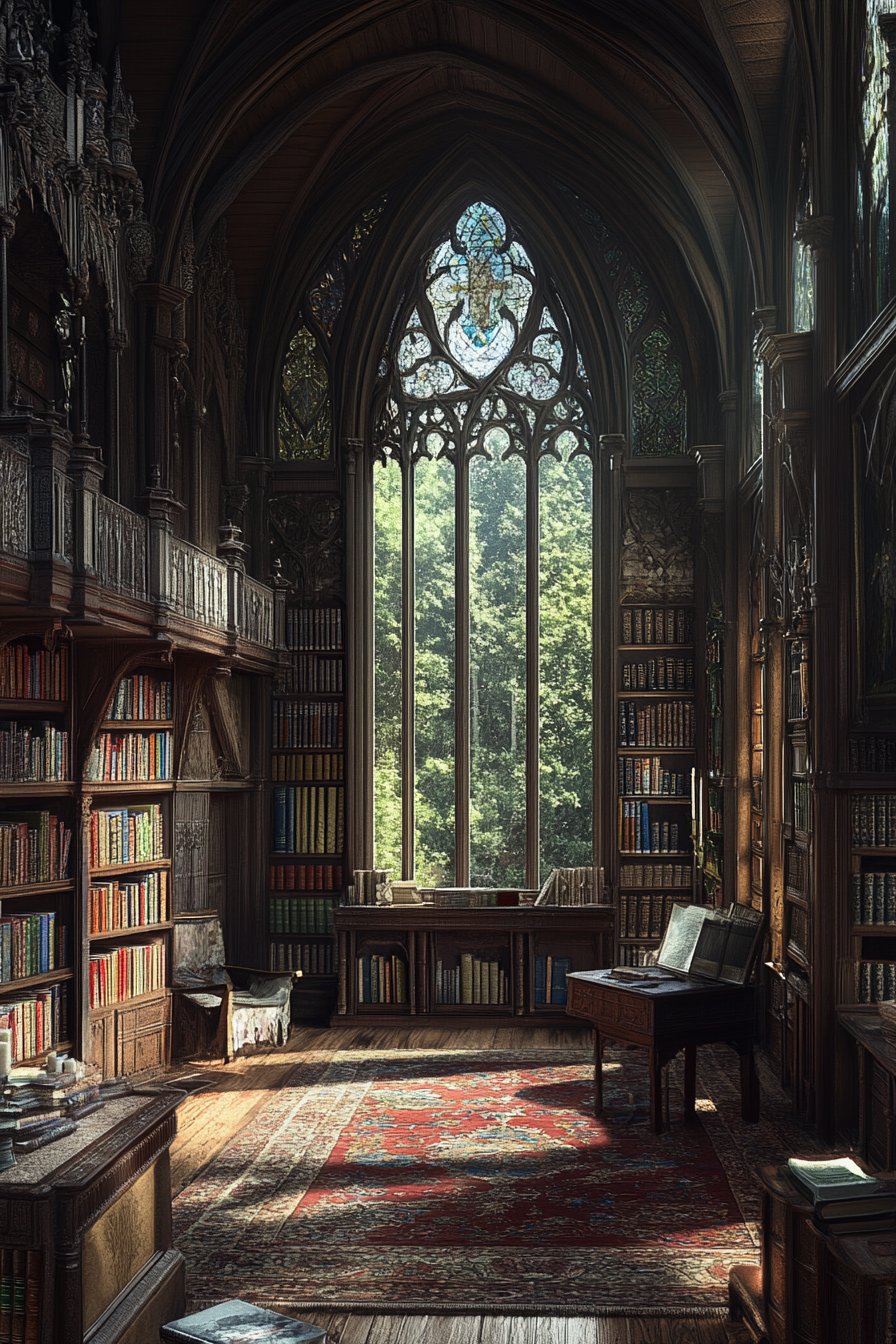 Luxurious Gothic-style library with spires and arches, books.