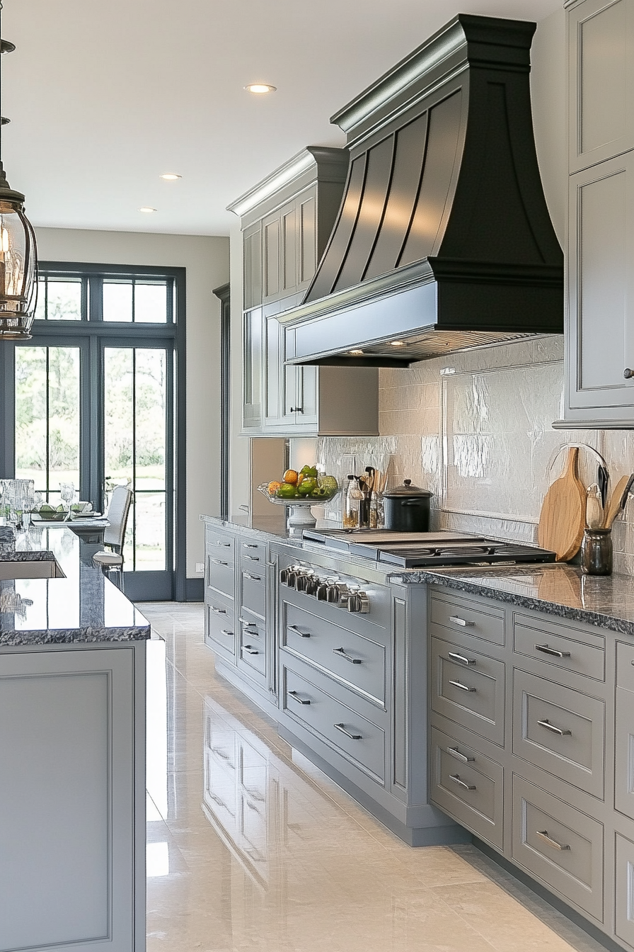 Luxurious Gray Kitchen with Marble Countertops and Appliances.