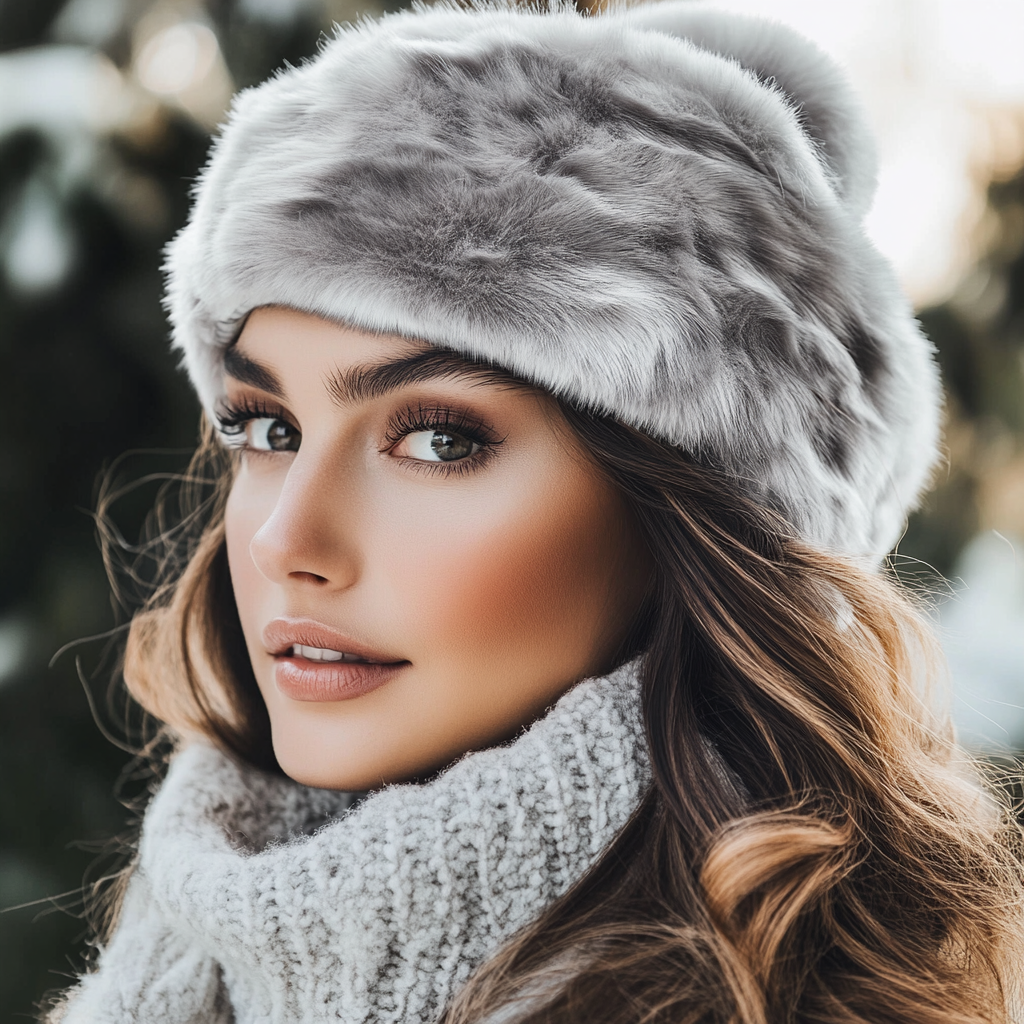 Luxurious Gray Plush Winter Hat with Ponytail Opening