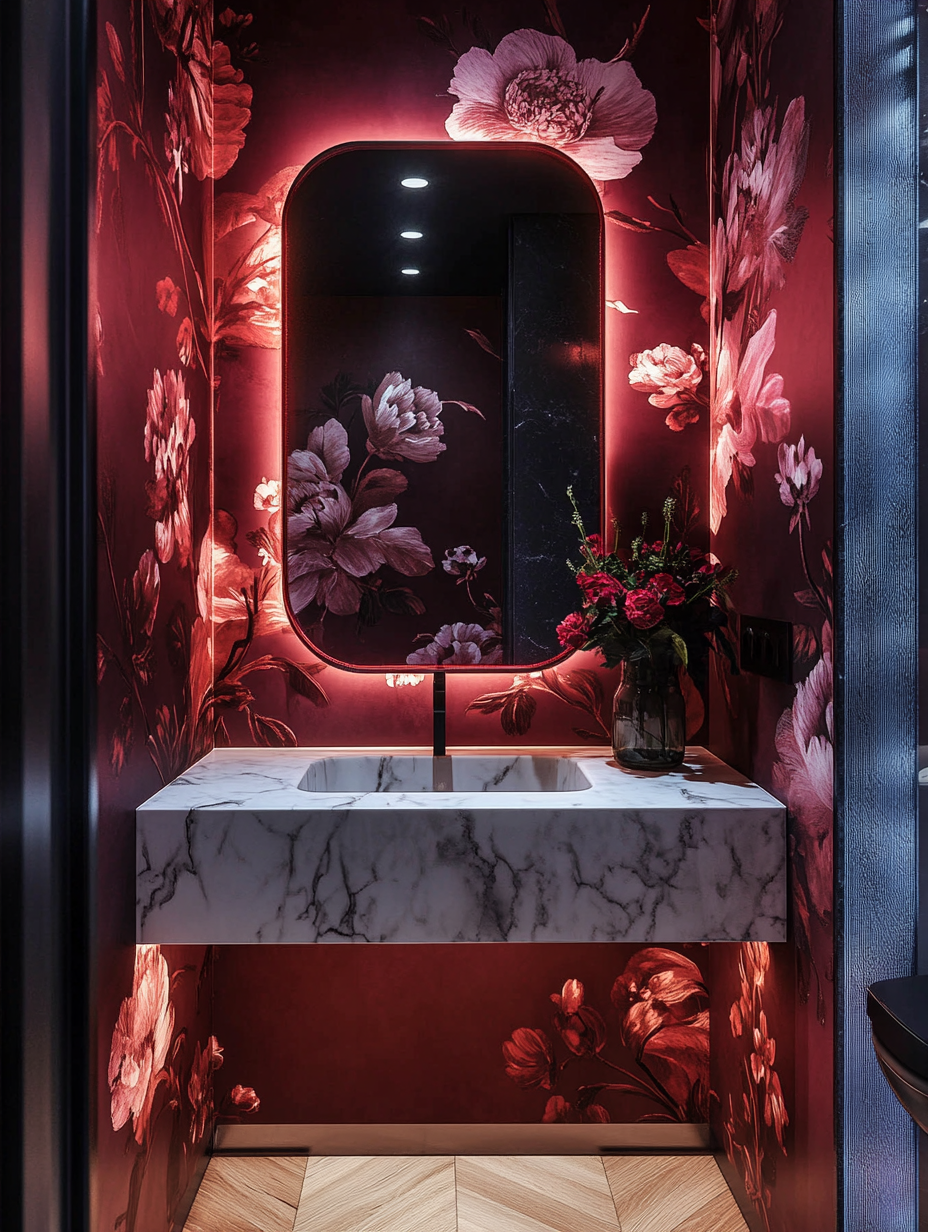 Luxurious Guest WC Design with Floral Wallpaper and Marble Sink