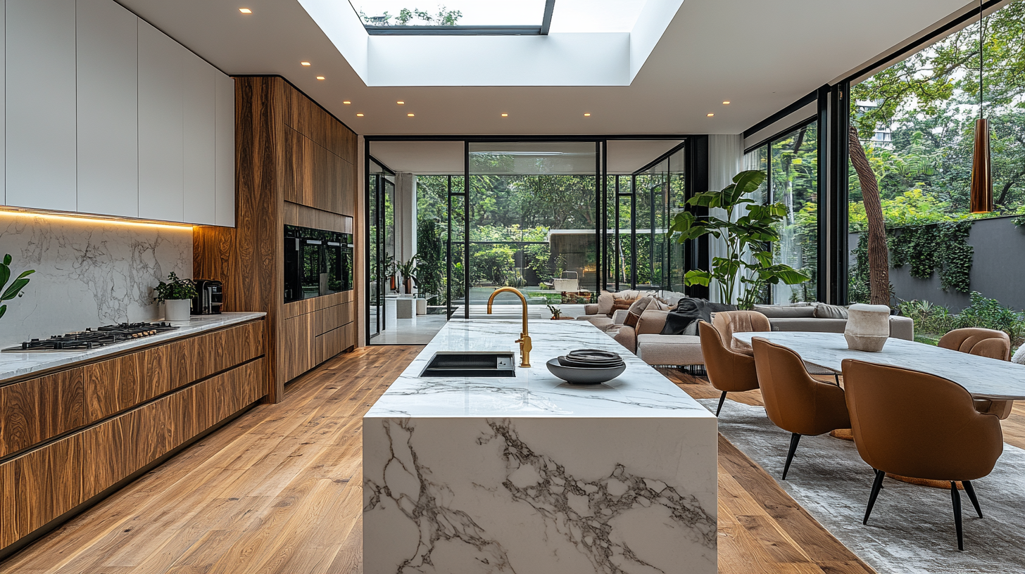 Luxurious Italian kitchen with sleek marble island, natural light.